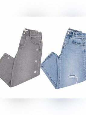 Zara Grey Star-Embroidered & Light Blue Wide-Leg Jeans Set
